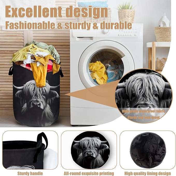 Highland Cow Laundry Basket, Foldable Waterproof Black Laundry Hamper Tote Bag