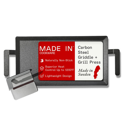 Made In Cookware | Carbon Steel Griddle + Grill Press | Professional Cookware | Crafted in Sweden | Induction Compatible