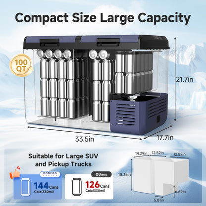 BODEGACOOLER 12 Volt Refrigerator, 100QT(95L) IPX4 Waterproof Electric Cooler, Car Fridge Dual Zone APP Control with 12/24V DC 110-240V AC, -4℉~68℉, Portable Freezer for Camping,Travel,RV,Road Trips
