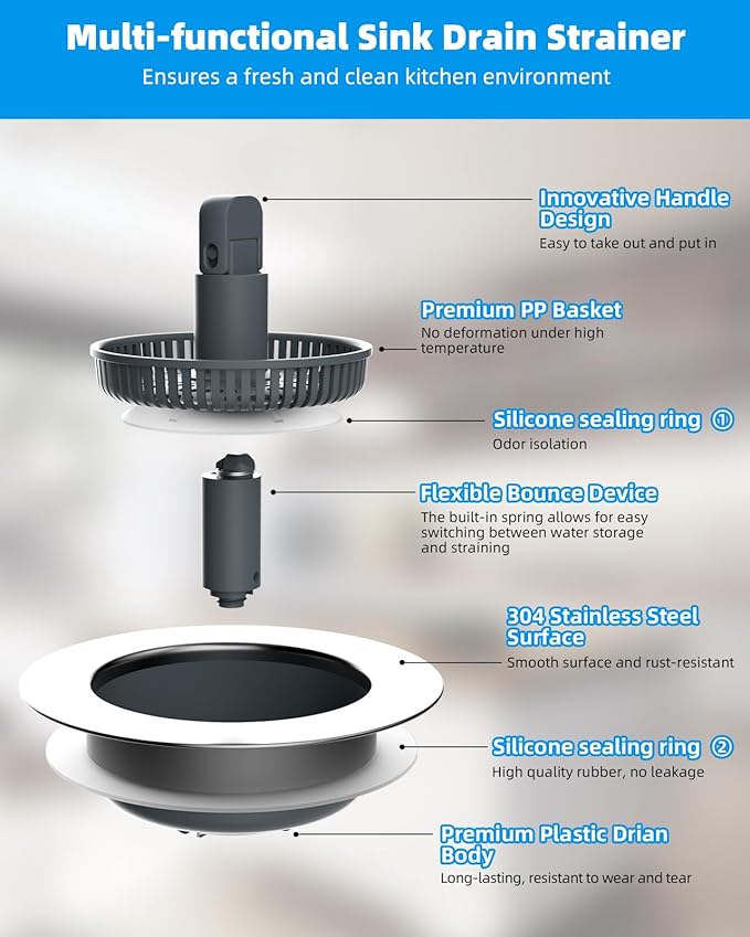 Hibbent 2 Pack 3 in 1 Kitchen Sink Drain Strainer and Stopper Combo, Chrome