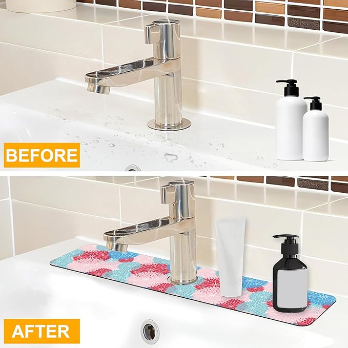2 Pack Abstract Flowers Sink Splash Guard Faucet Mat Vintage Floral Super