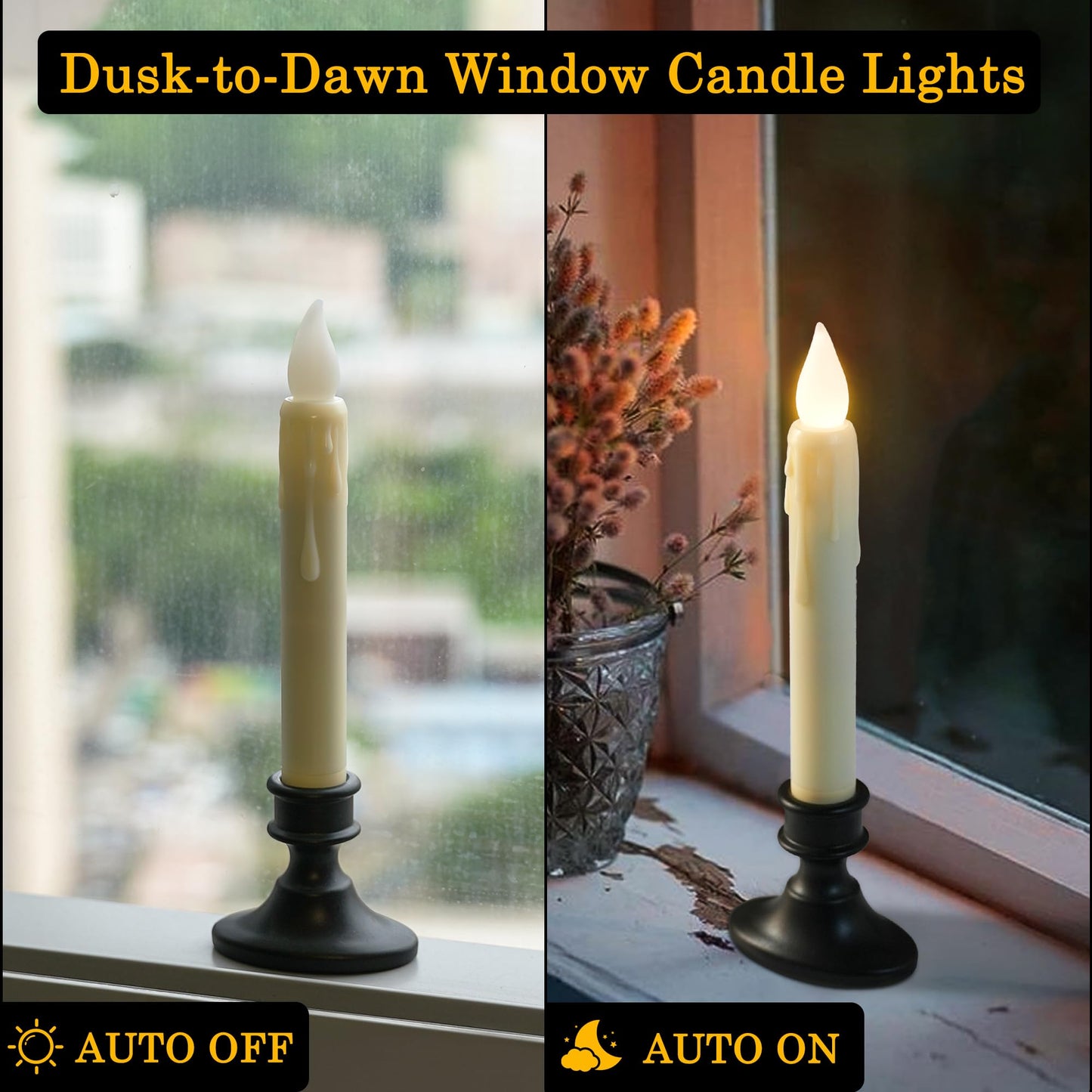 Daord 6 Pcs Sensor Dusk to Dawn Window Candles Flameless Flickering Candlesticks with Black Holders & Suction Cups Battery Operated Fake Candle for Christmas Home Decor (6pcs,Ivory)
