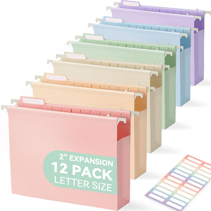 SortRax Plastic Extra Capacity Hanging File Folders, 2" Pastel Expanding Pocket, Heavy Duty for Filing Cabinet, Insertable 1/5-Cut Tabs, Letter Size - 12 Pack