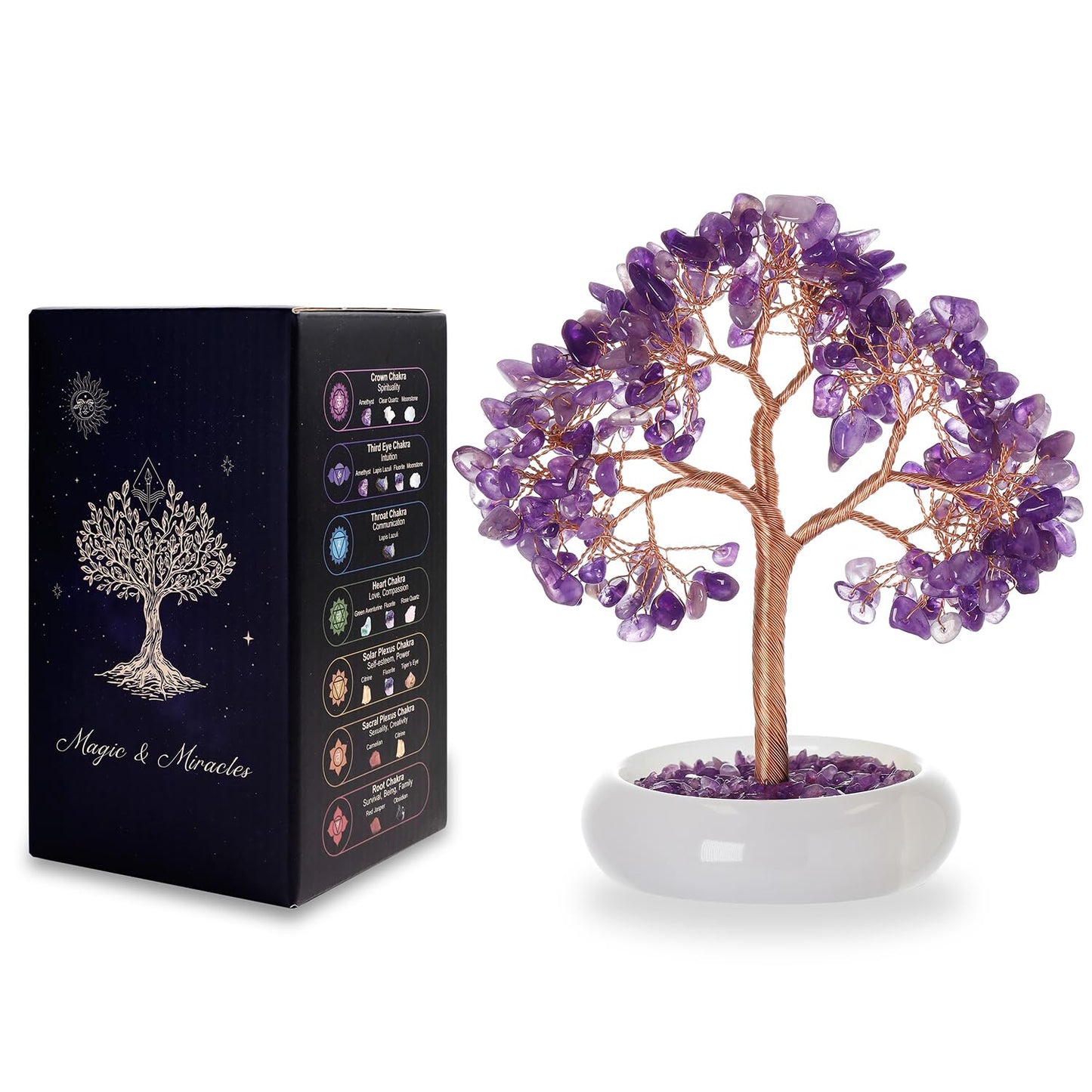 MAGIC AND MIRACLES Amethyst Crystal Tree of Life Chakra Healing, Bonsai Tree, Gemstone Tree, Home and Office Desk Decor for Positive Energy, Birthday Wedding Gifts