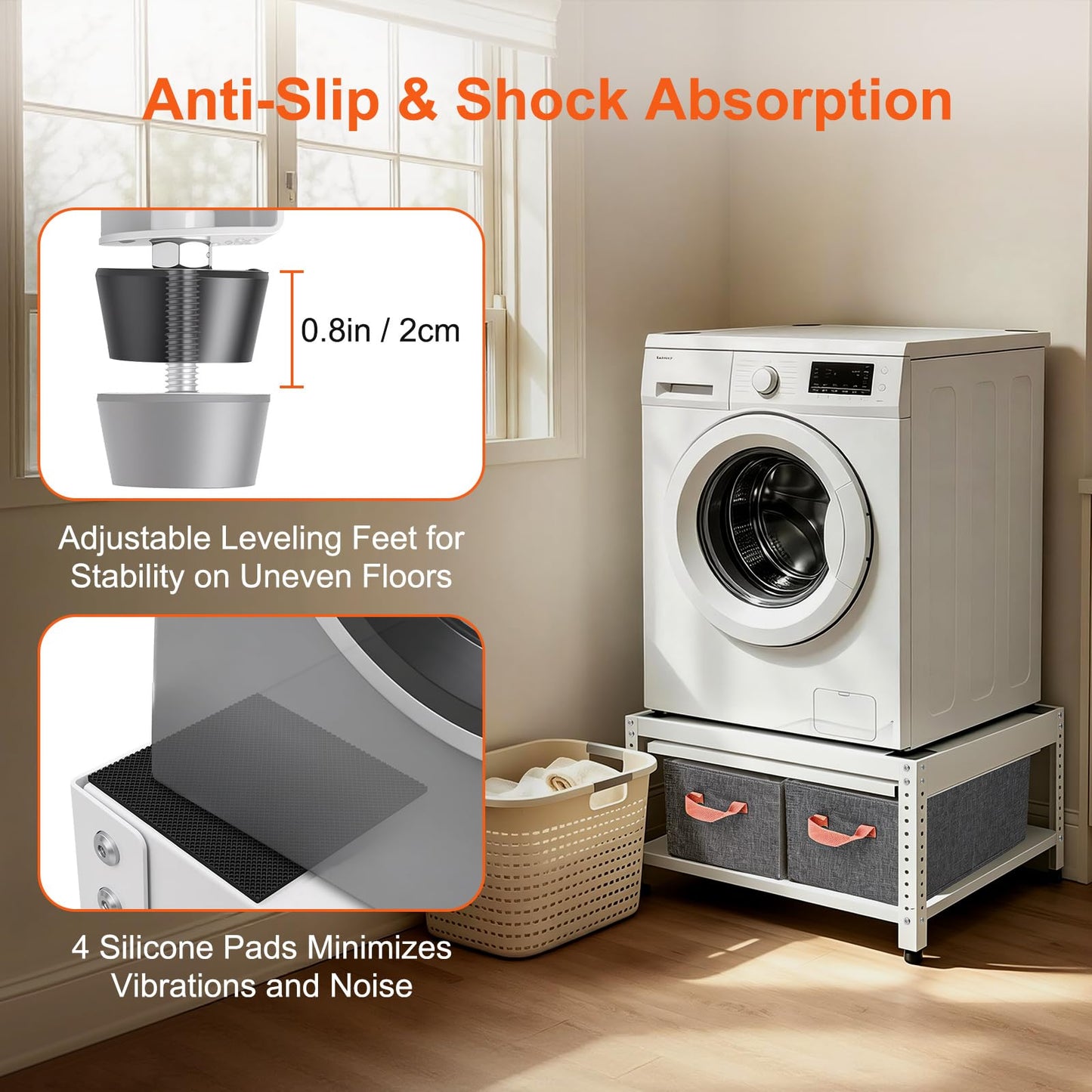 Washer and Dryer Pedestals, 28" L x 28" W Heavy Duty Metal Washer and Dryer Stand Universal Platform, Washer Dryer Pedestal with Basket Shelf, Portable Storage Bag, 4 Silicone Pads, Fit 800lbs, White