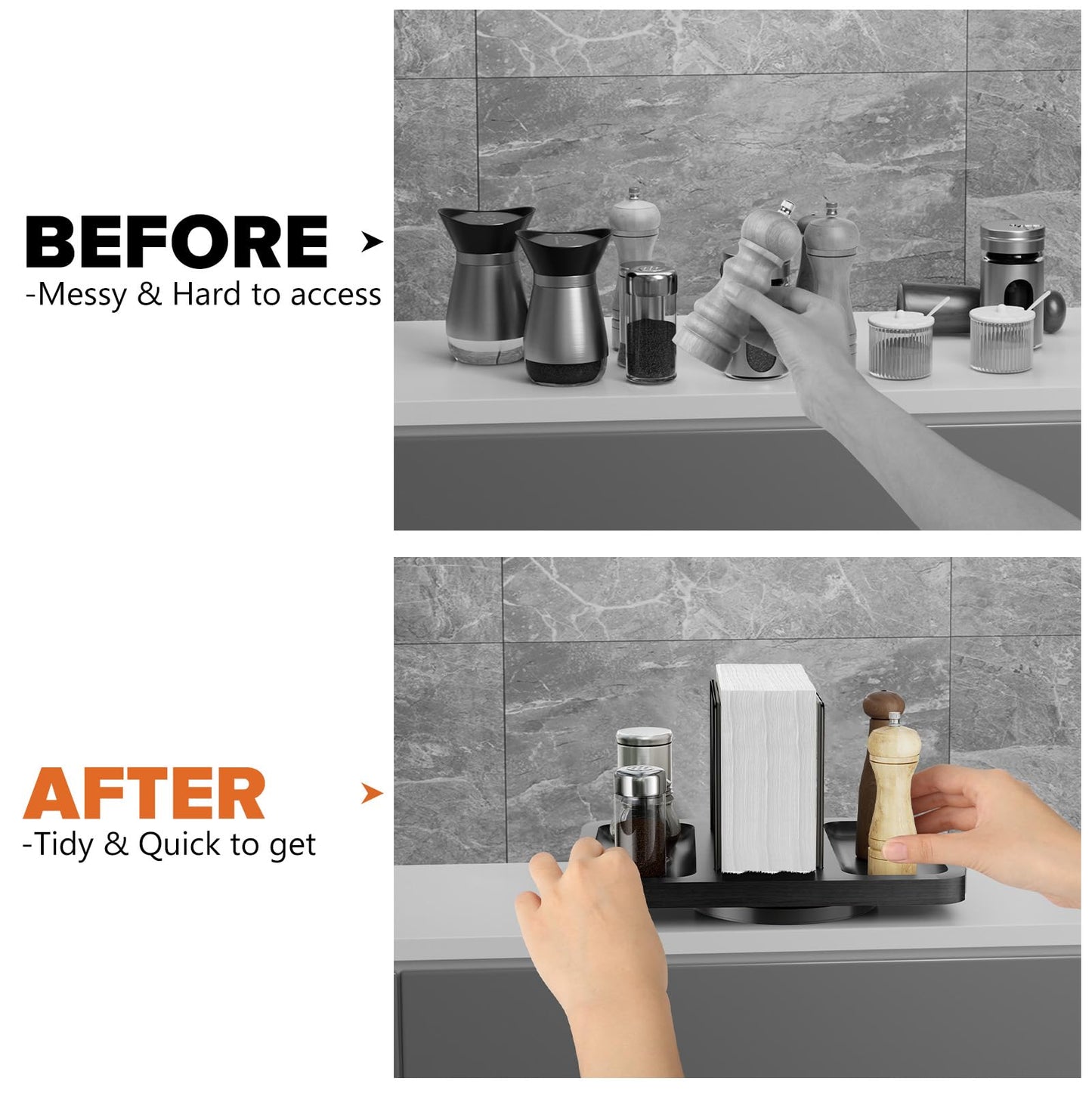 Rotating Napkin Holder for Table, Bamboo Standing Napkin Dispenser with Salt Pepper Shakers Caddy, Black Metal Hand Towel Holder for Bathroom Home Kitchen Farmhouse Decor Not Including Shakers