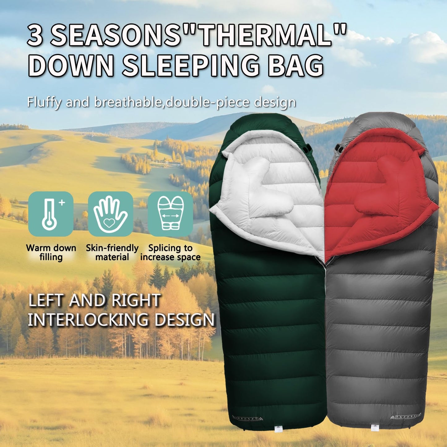 BUERTS Down Sleeping Bags for Adults, Premium 680FP Down Fill Backpacking Sleeping Bag for Cold Weather for Camping, Hiking and Traveling, Comes with Compression Sack (Gray 14°F)