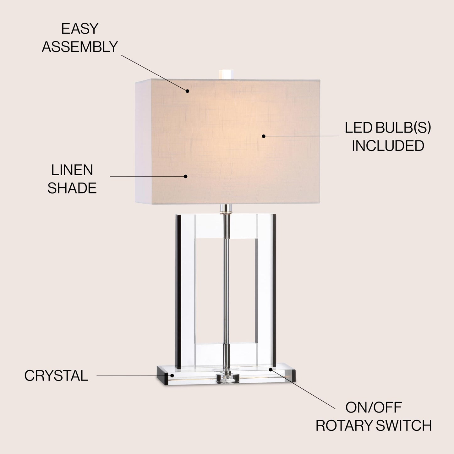 JONATHAN Y 26" Clear and Black Crystal Table Lamp, Modern Geometric Glam Glass Lamp with White Linen Drum Shade for Living Room Bedroom Nightstand, LED Bulb Included JYL2015A