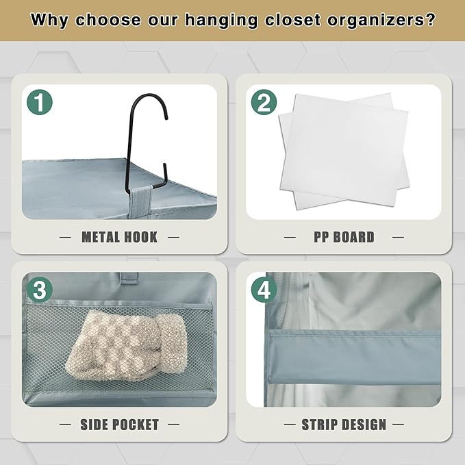 3-Shelf Hanging Closet Organizer and Storage, Foldable Hanging Closet Shelves