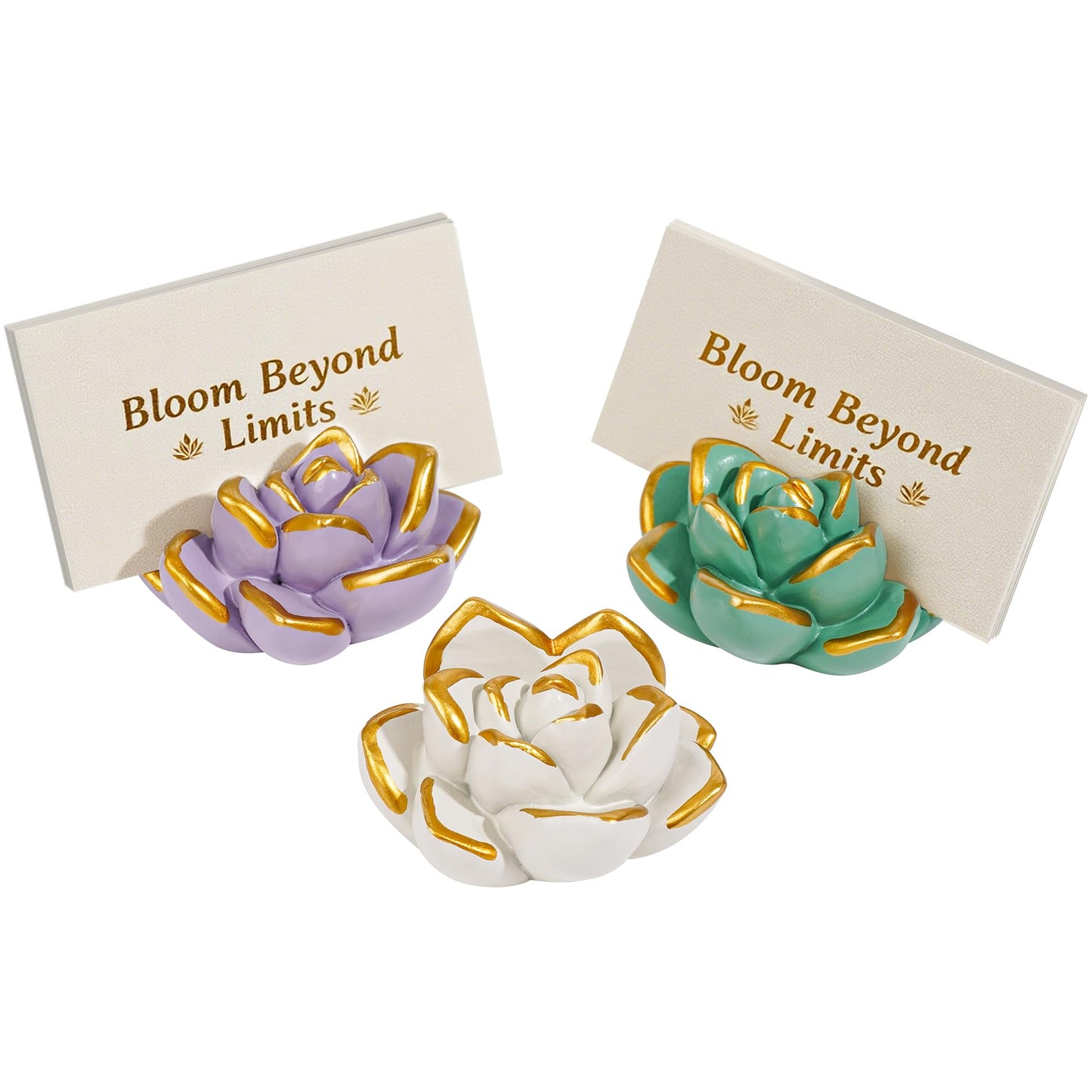 SB Goods Resin Succulent Business Card Holder Set of 3 (White/Purple/Green) - Modern Desk Organizer for Office & Store, Vertical Name Card Display Stand - Unique Gift Idea & Home Decor