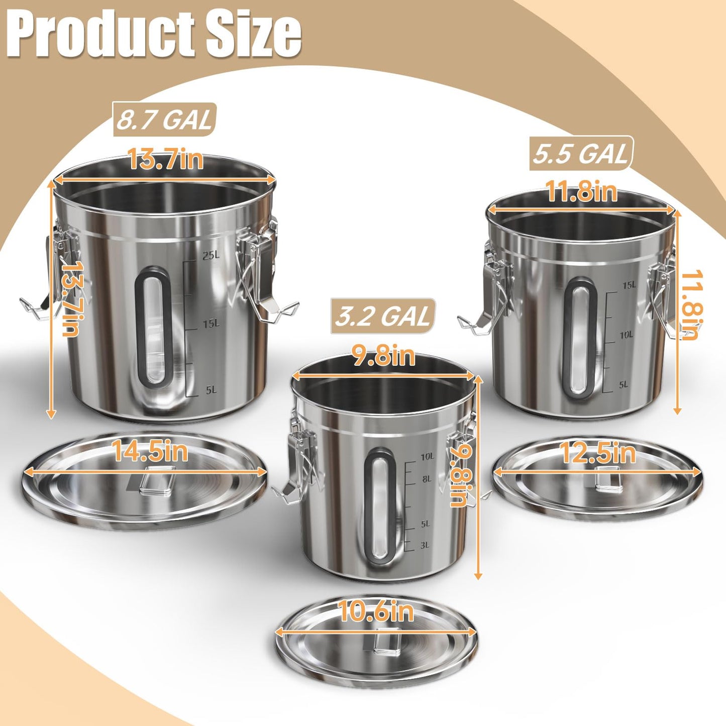 Domart 3 pcs 12/21/33L Stainless Steel Airtight Canister with Lid and Locking Clamp, 3.2/5.5/8.7 Gal Storage Container for Rice/Flour/Grain/Pet Food, for Kitchen/Pantry/Restaurant