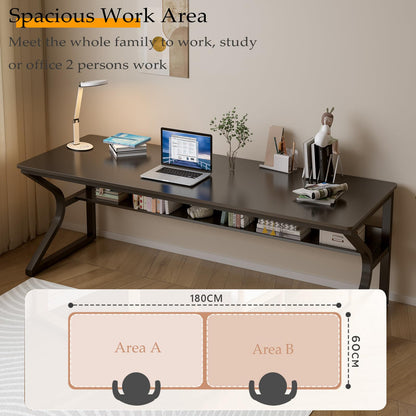 OSCHF Extra Long Desk with Bookshelf - 71" Double Long Writing Table for 2-Person Workstation, Modern Study Work Computer Desk for Home and Office, Black