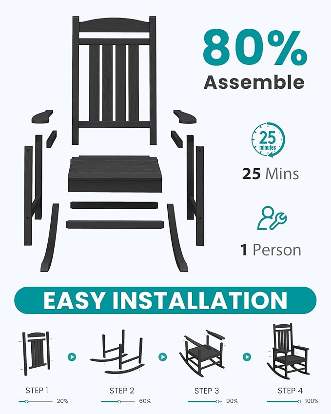 SERWALL HDPE Outdoor Rocking Chair Set of 4, Patio Rocking Chairs, All-Weather Porch Rockers for Adults, Black