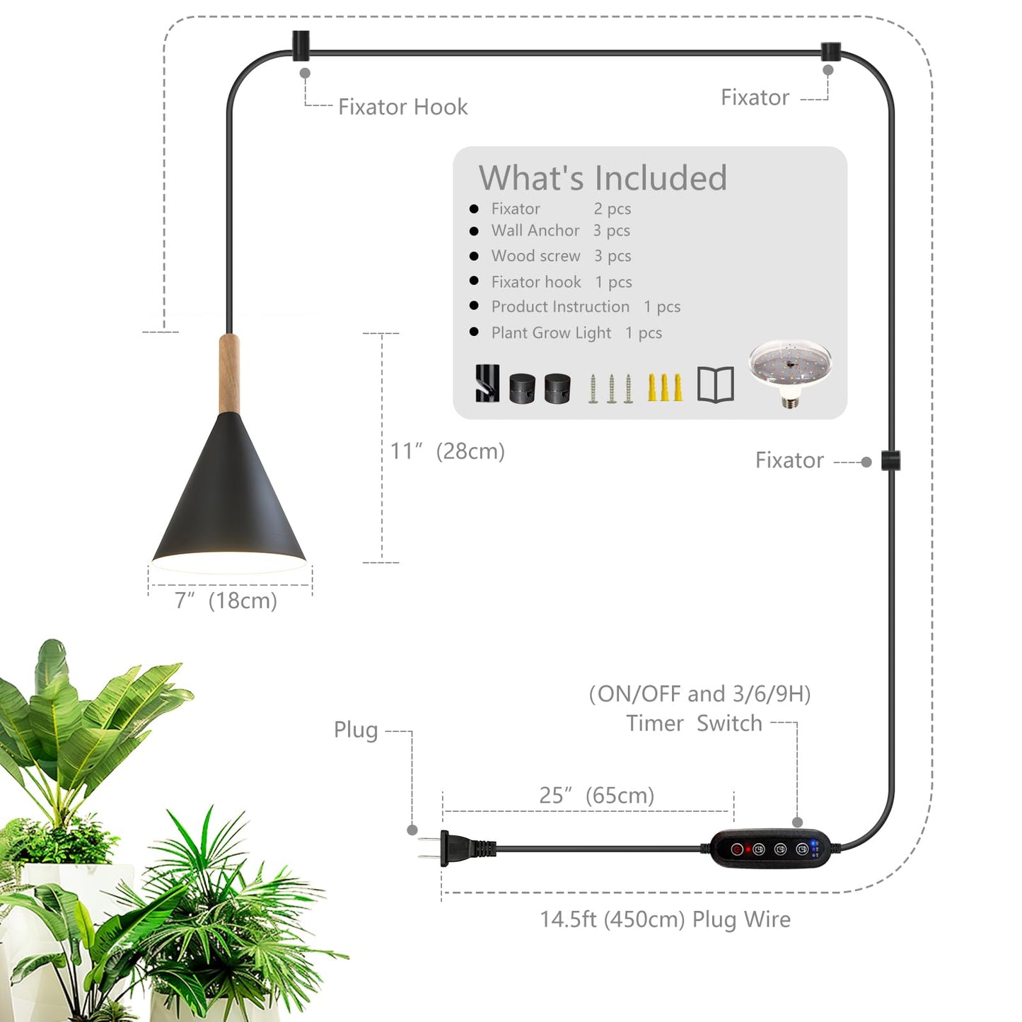 JMXULONG Hanging Grow Lights for Indoor Plants,Pendant Plant Lights for Indoor Growing,15W Full Spectrum, with Timer and 15FT Power Cord, Hanging Grow Light,Large Tall Plant Greenhouse (Black)