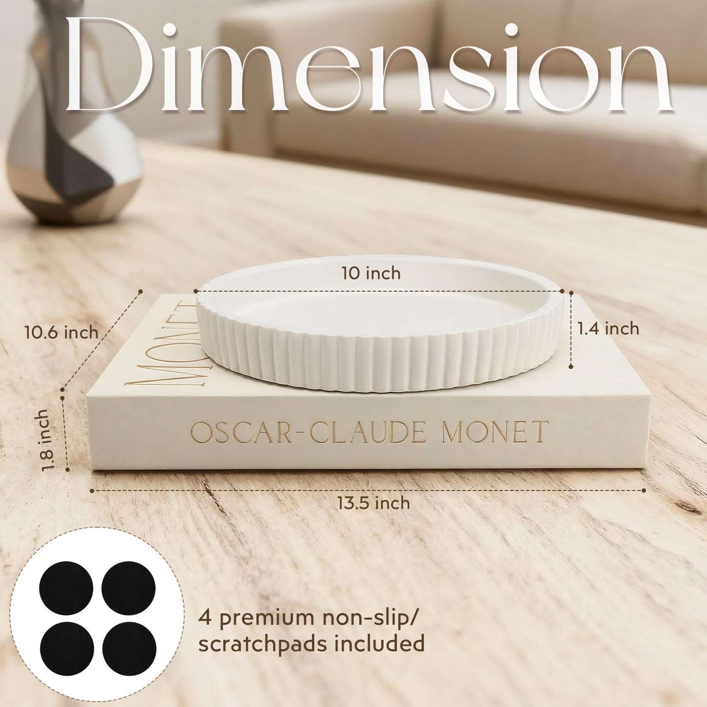 Decorative Concrete Tray & Book Set - Modern Scalloped Home Decor Tray & Linen Storage Box for Coffee Table, Bookshelf, Entryway, Console, Living Room, Housewarming Gift (White)