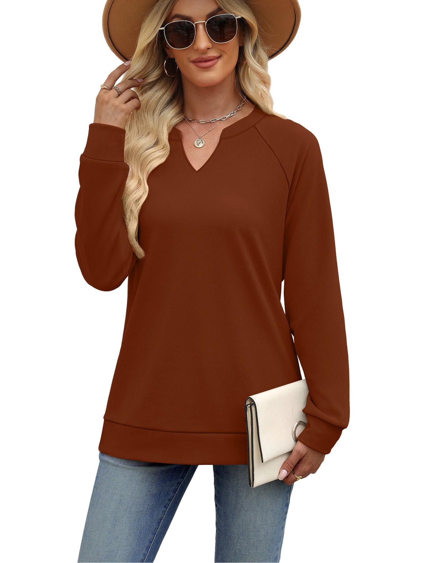 SAMPEEL Sweatshirts for Women V Neck Long Sleeve Shirts Lightweight Sweaters Fall Fashion Tops Outfits 2025