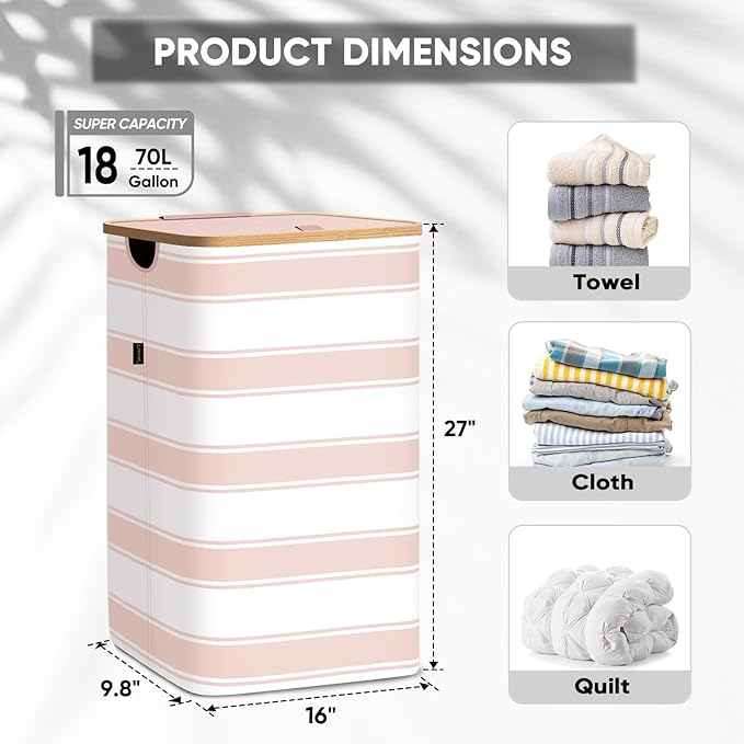 BALEINE Laundry Hamper with Lid, Tall Laundry Baskets with Bamboo Pull Handles