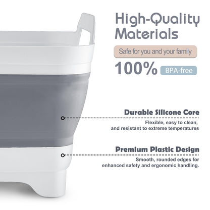 2.4 Gal(9L) Collapsible Dish Basin with Drain Plug, Space Saving Outdoor Multiuse Foldable Sink Tub, Dishpan, Kitchen Storage Tray for Camping, Vegetable Washing, RV (Gray)