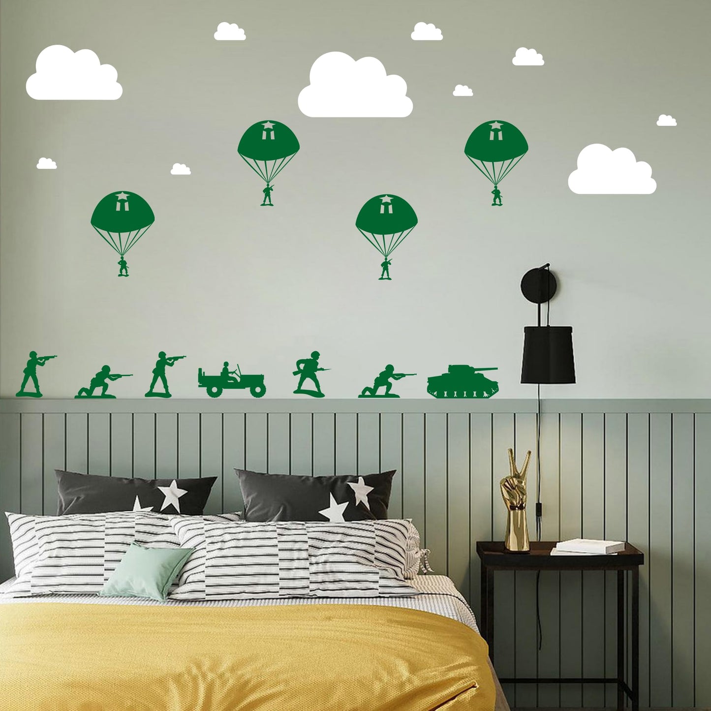 Pounchi Army and Clouds Wall Stickers (4 Sheets 93 Pcs) with Transfer Films, Cool Solider Military DIY Wall PVC Decals for Bedroom Living Room Decor