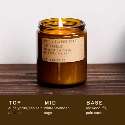 P.F. Candle Co. Golden Coast Classic Standard Scented Soy Wax Candle (7.2 oz) 40-50 Hour Burn Time, Amber Glass Jar, Made in The U.S.A.