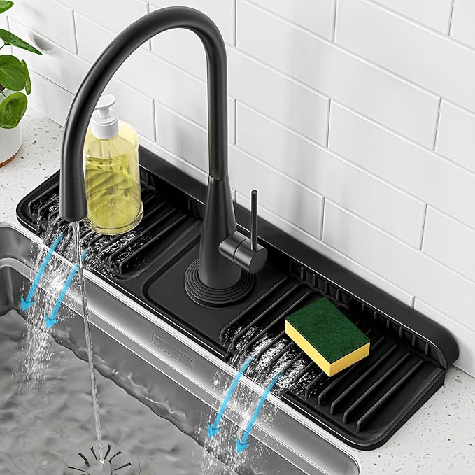 PoYang 17.7 inch Faucet Mat for Kitchen Sink Splash Guard, 7° Slope Silicone