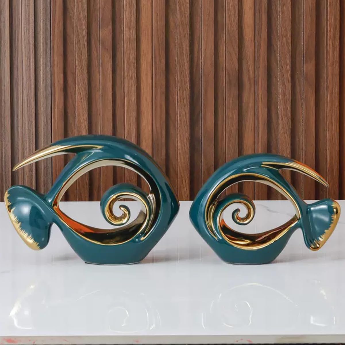 Tuioyoc Ceramic Statues Angelfish Home Decor Modern Style Figurine Green and Gold Decorative Ornaments for Living Room, Table Centerpiece, Kitchen, Office Desktop, Shelf, Entryway Decoration