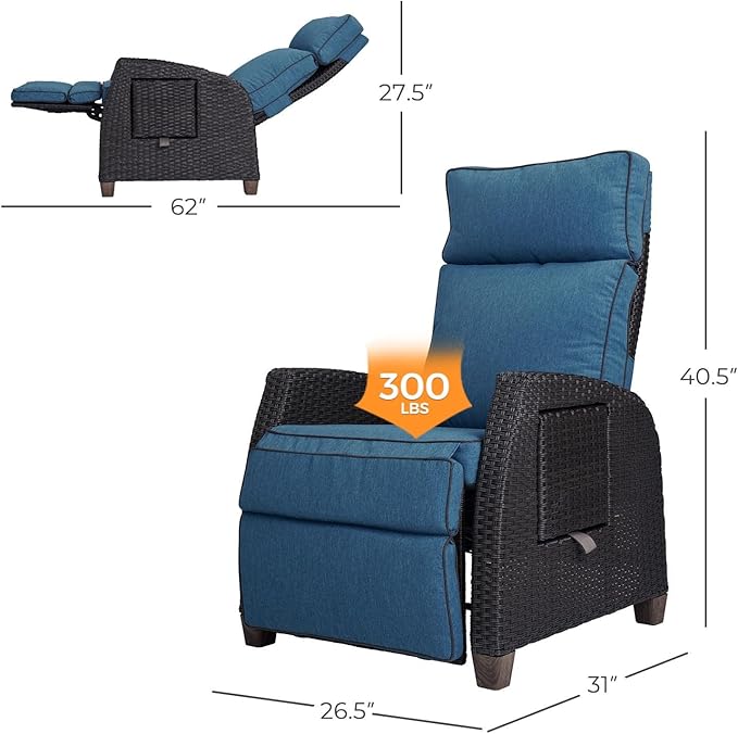 Grand patio Outdoor Recliner Chair Patio 150° Lay Flat Recliner with Flip Table Wicker Reclining Lounge Chair Peacock Blue