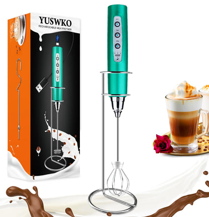 YUSWKO Black Handheld Milk Frother Wand for Coffee, Rechargeable Electric Whisk with 3 Heads 3 Speeds Drink Mixer Coffee Frother For Latte, Cappuccino, Hot Chocolate, Egg