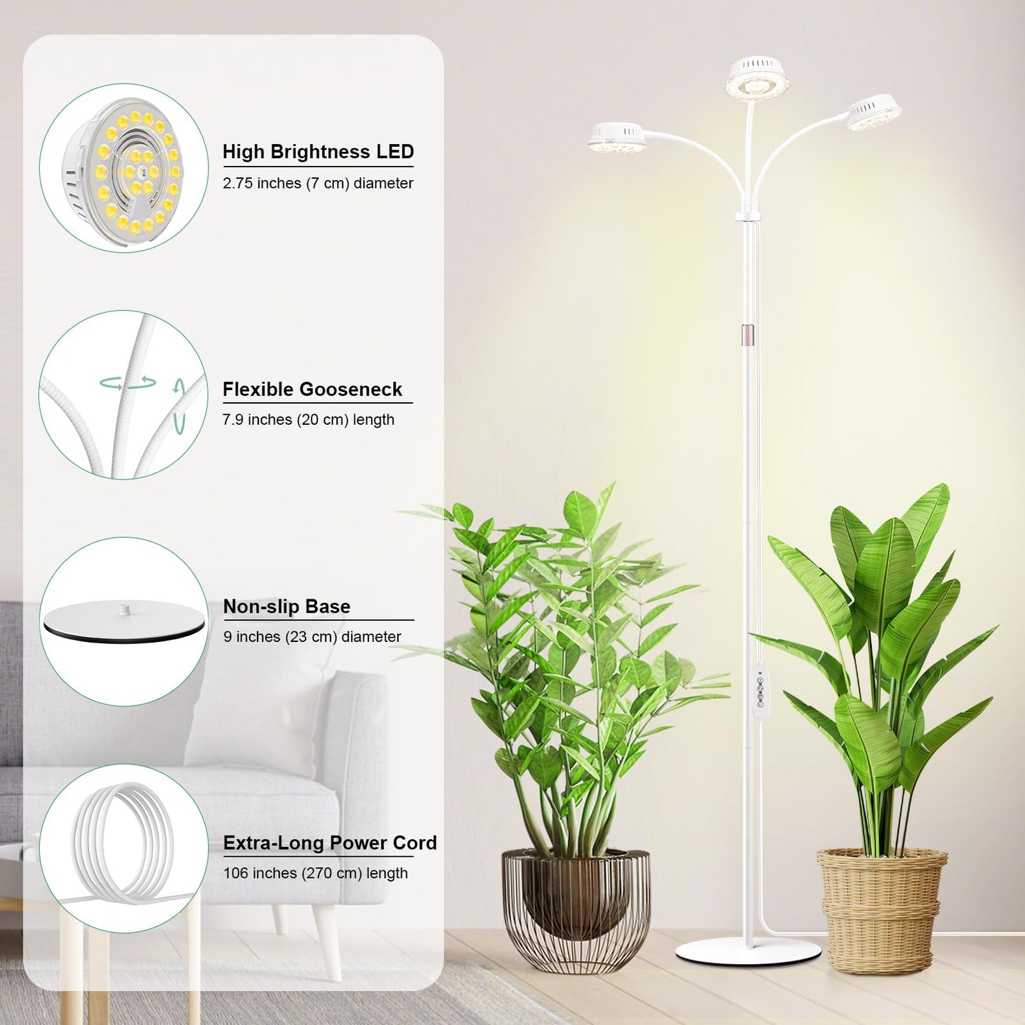 LORDEM Full Spectrum Plant Light for Indoor Growing,Tri-Head Grow Light with Stand for Large Plants,Auto ON/Off Timer 6/8/12/16H, 5 Dimmable Levels, 20-70 inches Adjustable Height