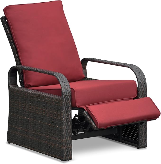 Outdoor Recliner, Outdoor Resin Wicker Patio Recliner Chair with 5.5'' Cushions, Patio Furniture Auto Adjustable Rattan Sofa, UV/Fade/Water/Sweat/Rust Protected, Easy to Assemble (Red)