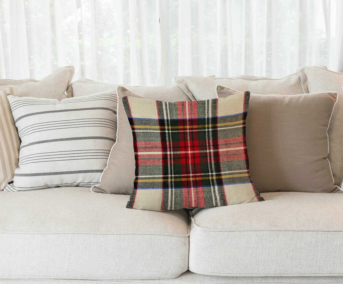 Plaid Pillow Cover 18x18 Inch, Scottish Tartan Red and White Wool Plaid Pattern Symmetric Square Print Double Sided Decorative Pillow Case Throw Pillows Cover