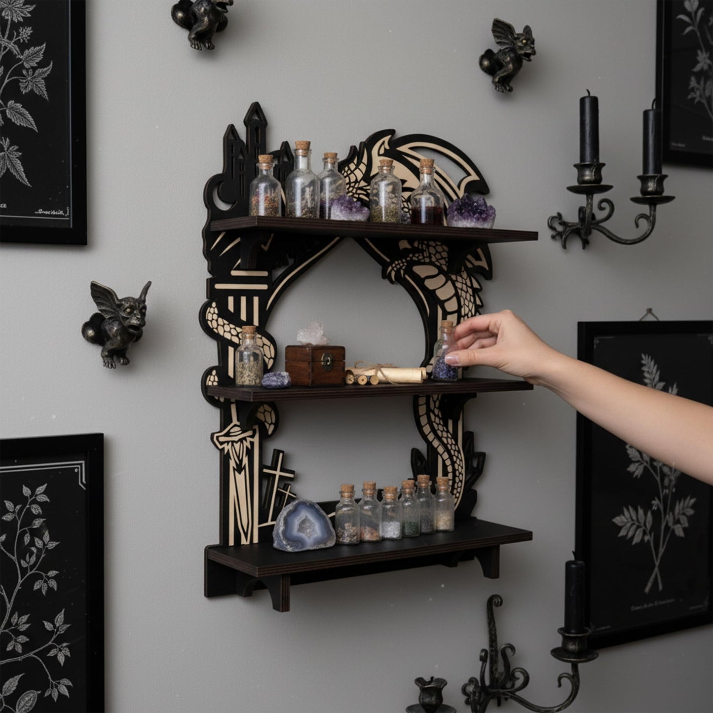 FNYDOX Wooden Dragon Shelf, Gothic Trinket & Knick Knack Shelves, Witchy Fantasy Dragon Decor with LED Light, Floating Shelf for Crystals Rocks Gems Healing Stones Display, Essential Oil Wall Shelf
