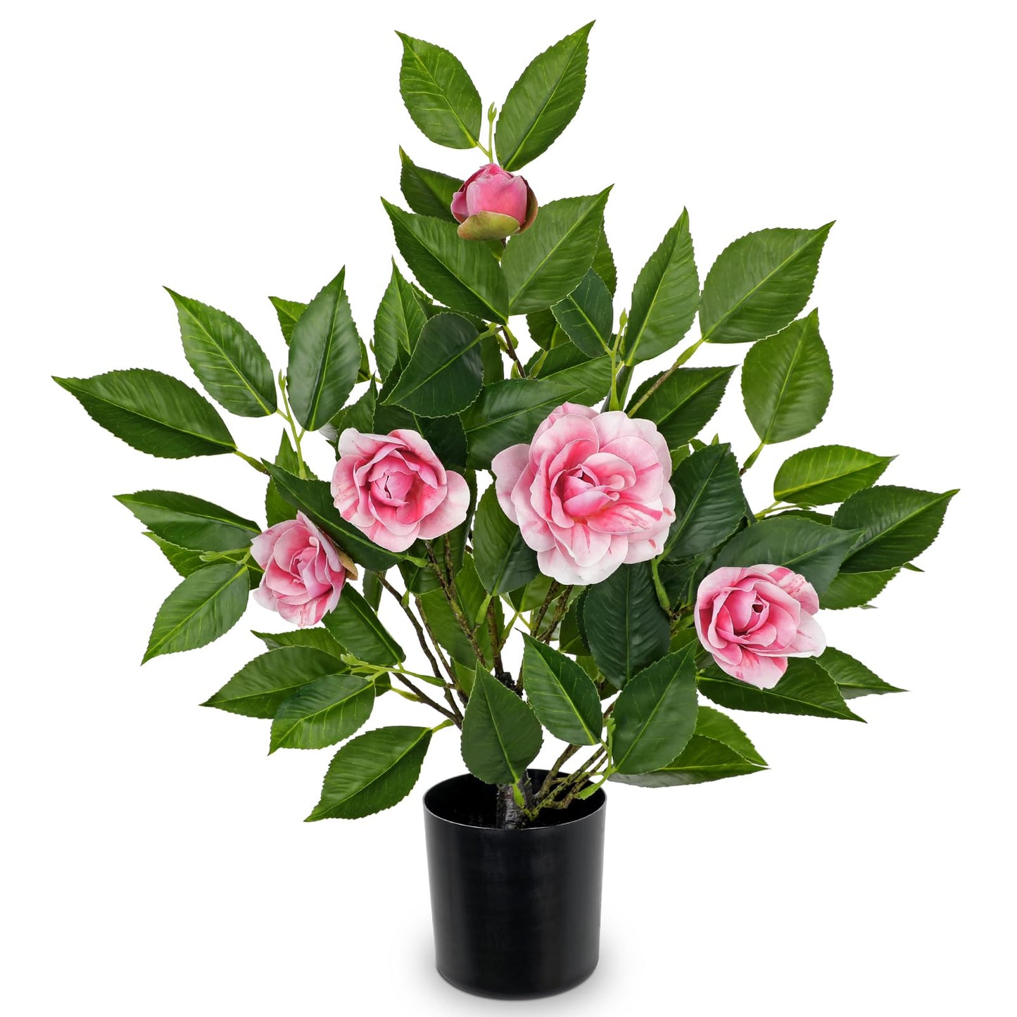 Small Artificial Camellia Roses Potted - 17.7" Pink Faux Camellia Rose Mini Tree Fake Flower Plant Artificial Plants & Flowers Indoor with Planter for Home Office Living Room Porch Arrangement Decor