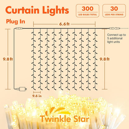 Twinkle Star 300 LED Curtain String Lights, 8 Modes Plug in Fairy Lights for Bedroom,Wedding,Party,Birthday, Hanging Twinkle Light for Indoor Outdoor Wall Window Backdrop Decoration, Warm White