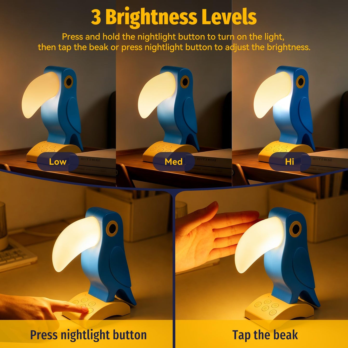 Aokpsrt Rechargeable Toucan Night Light with White Noise, Bird Table Lamp with RGB Mood Lighting, 3-Level Dimmable Warm Light, USB Bedside Lamp for Bedroom, Desk, Shelf, Blue
