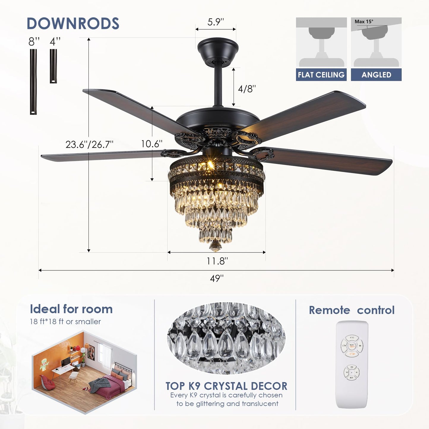 Asyko 50" Crystal Ceiling Fan Fandelier with Lights - Modern Black Chandelier Fans with Remote Control，Noiseless AC Motor, Retro/Farmhouse Lighting, Dining Room，Living Room