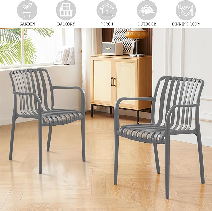 Patio Dining Chairs Set of 4, All-Weather Outdoor and Indoor Stackable Chairs with Curved Back, Waterproof for Patio, Deck, Porch, Backyard, Restaurant & Cafe Use, Grey