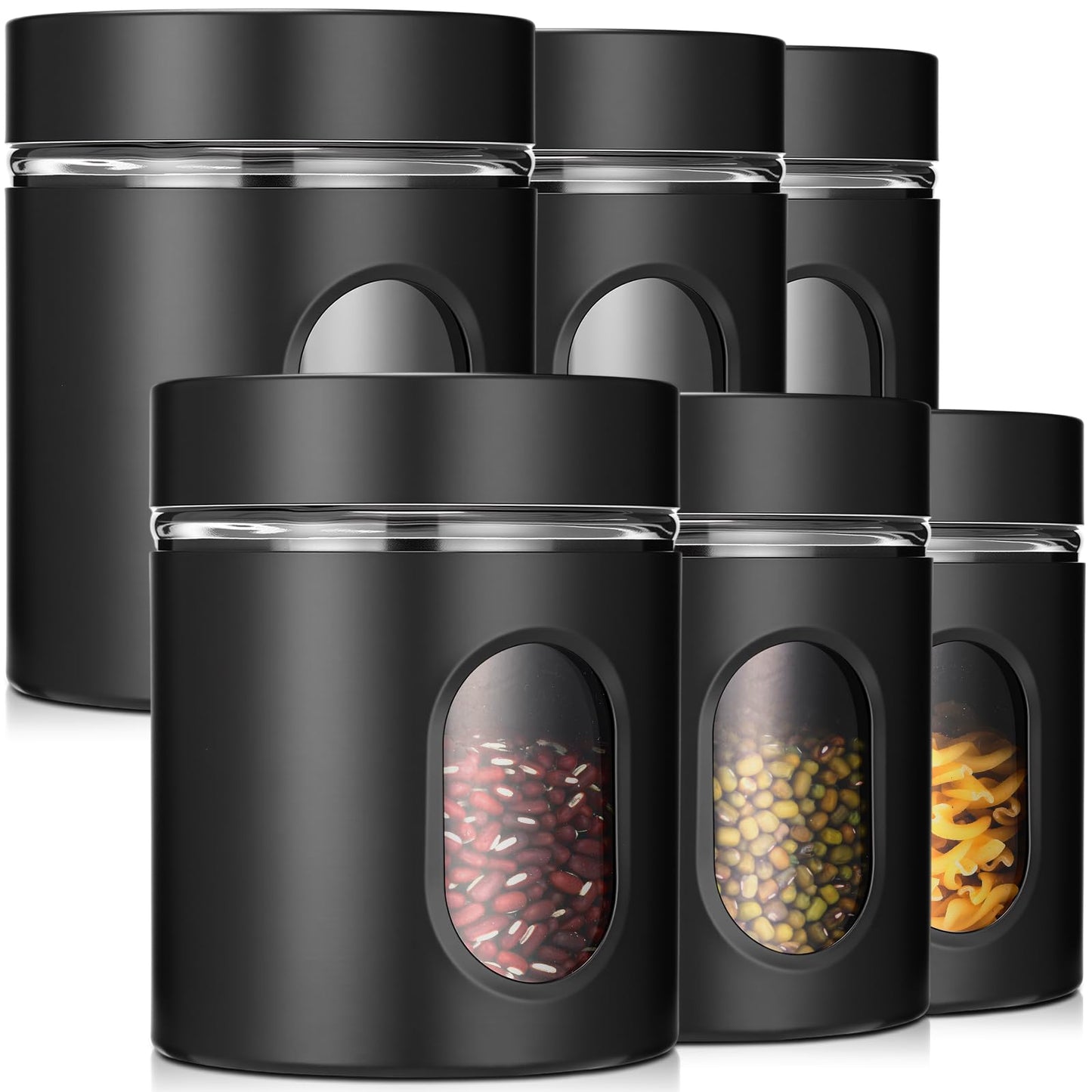 Patelai 6 Pack Kitchen Canisters Set 20 oz Airtight Stainless Steel Canister Food Storage Container with Window Glass, Coffee Sugar Candy Jars Tea Organizer for Flour Cookies Spice Kitchen (Black)