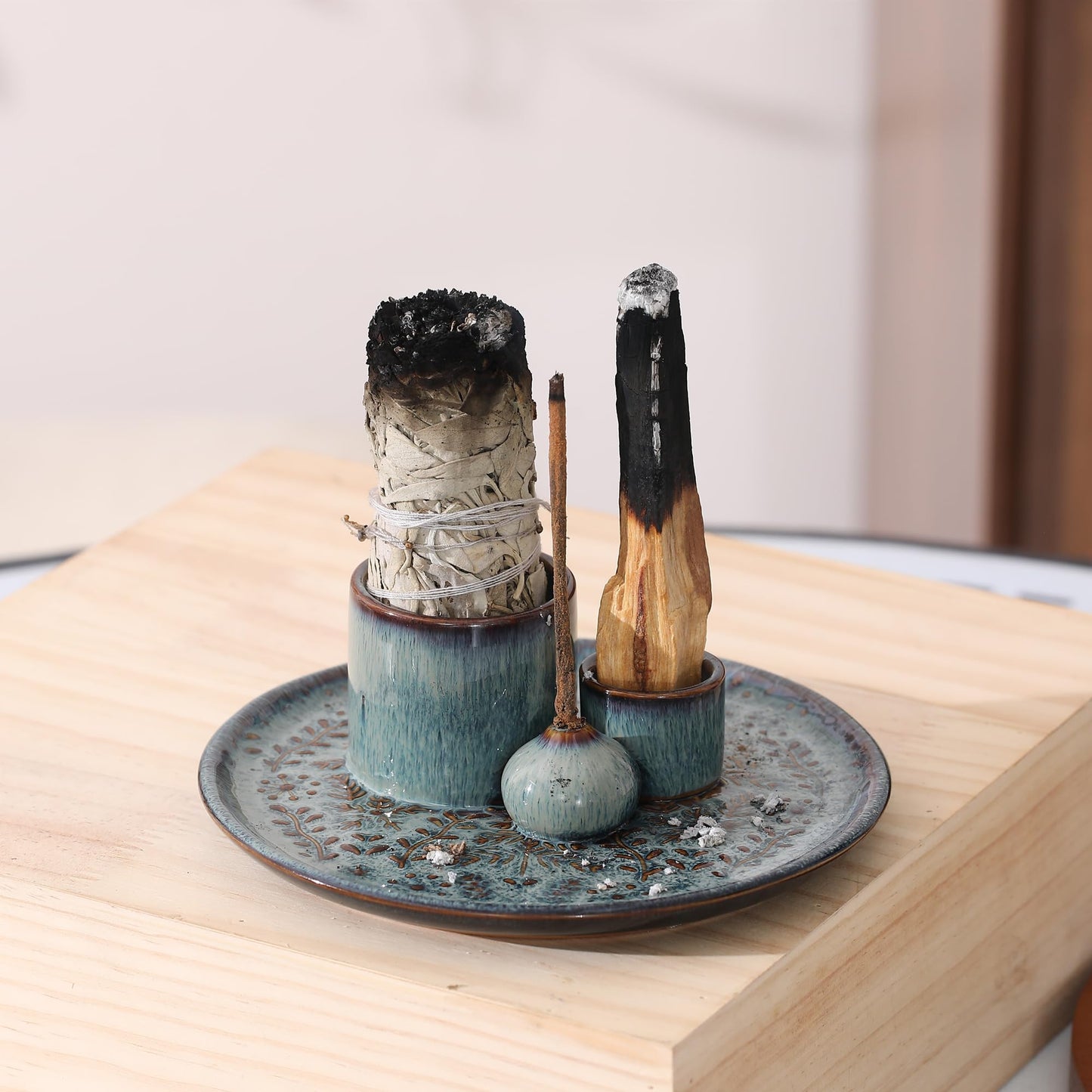 Reyife 5 in 1 Incense Holder Burner, 5.9" Ceramic Holder for Burning Palo Santo Sage Candle and Incense Sticks Cones, Ash Catcher Tray for Meditation Room Home Décor (Bluegrey)