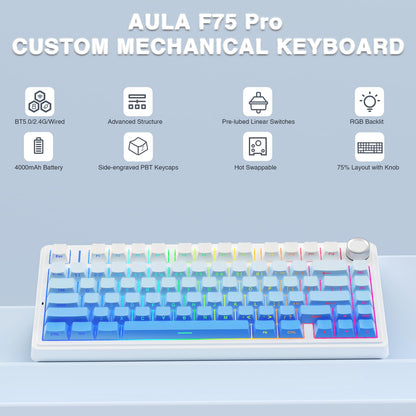 AULA F75 Pro Wireless Mechanical Keyboard,75% Hot Swappable Custom Keyboard with Knob,RGB Backlit,Pre-lubed Reaper Switches,Side Printed PBT Keycaps,2.4GHz/USB-C/BT5.0 Mechanical Gaming Keyboards