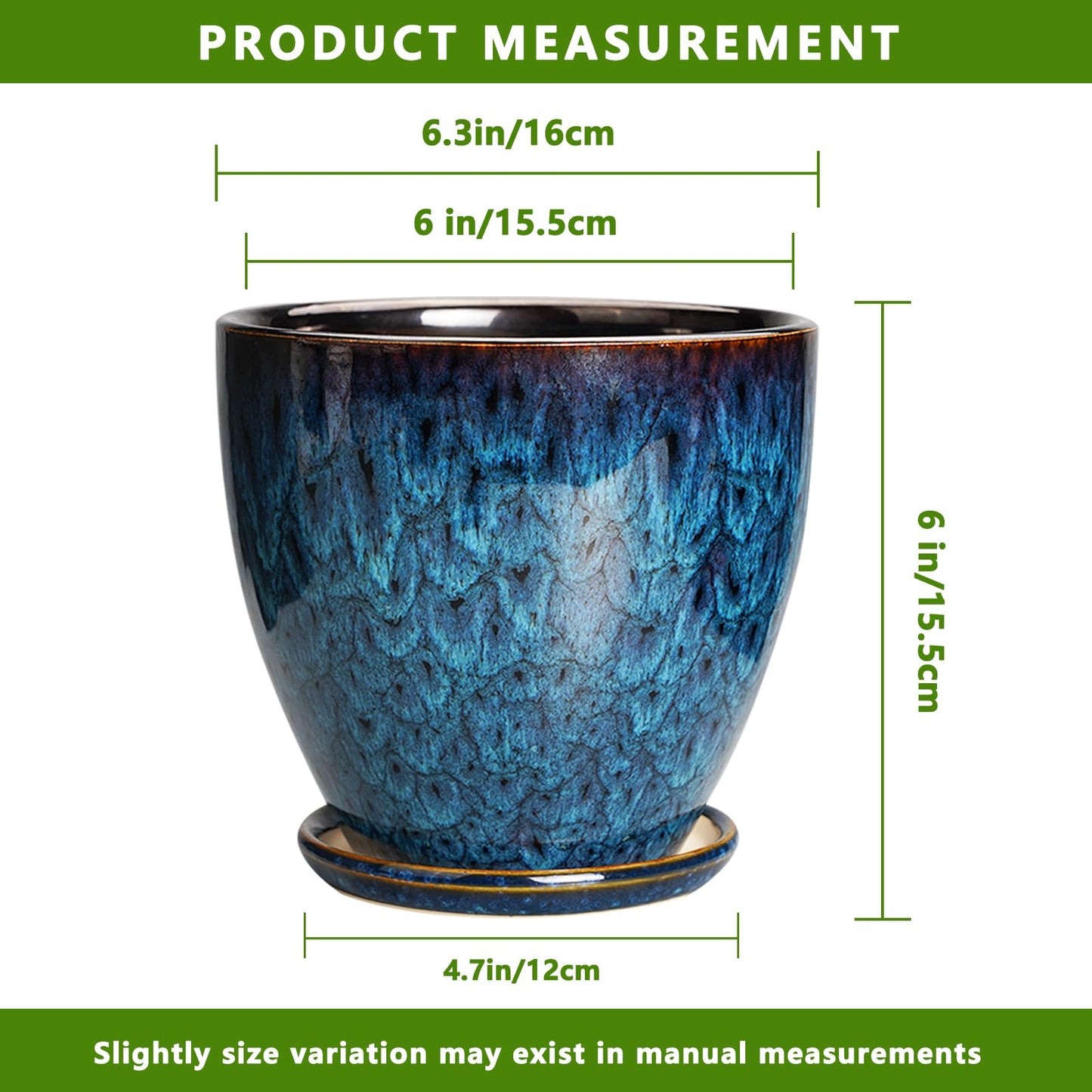 EPFamily Ceramic Plant Pot, 6.3 Inch Ceramic Planter Pot with Drainage Hole and Saucer, Succulent Round Flower Pot for Indoor Plants Outdoor, Blue