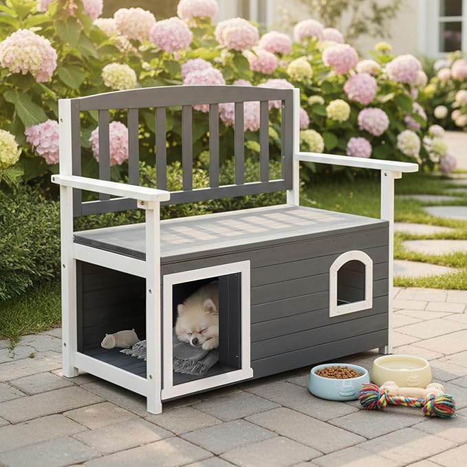 VINGLI Outdoor Storage Bench with Built-in Dog House, 2-in-1 Outdoor Waterproof Patio Bench with Pet Kennel for Patio Backyard Porch (Gray)