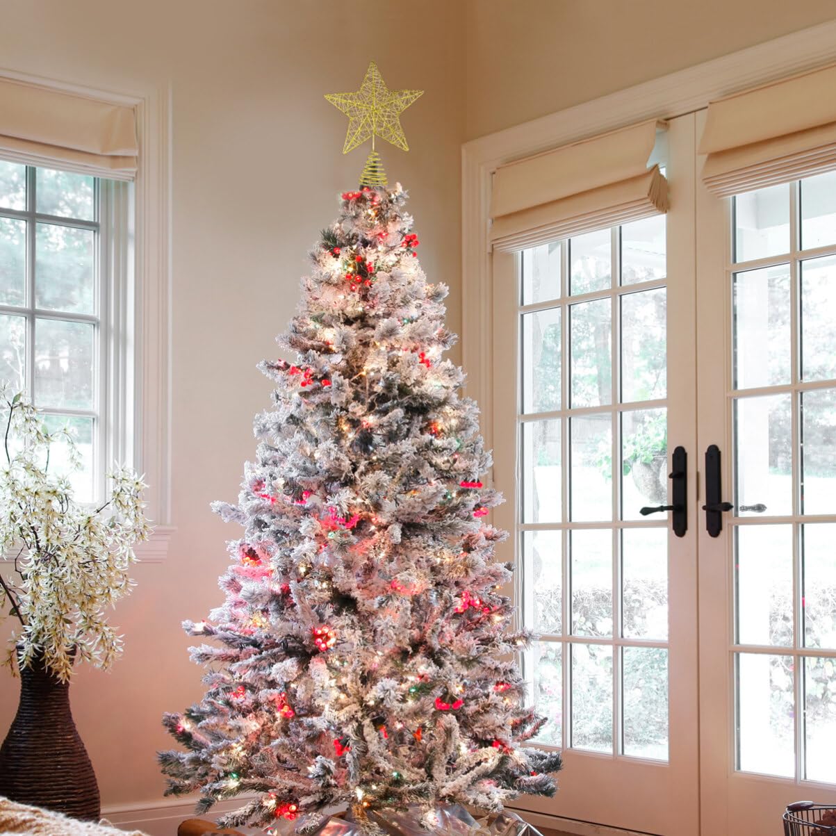 Unomor 10 Inch Christmas Star Tree Toppers – Gold Glittered Metal Hallow Design Tree Topper Star for 6ft to 7ft Christmas