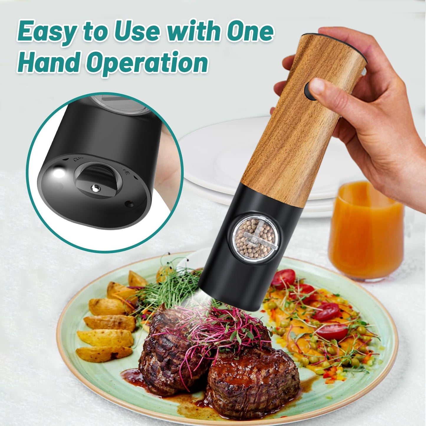 Electric Salt and Pepper Grinder Set - Automatic Battery Powered Salt Grinder Salt and Pepper Shakers Set Electric with Auto Light Adjustable For Gravity Operated Wood Grain Peppercorn Mill