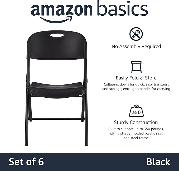 Amazon Basics Sturdy Foldable Plastic Chair, Portable, 350-Pound Capacity, Black, 6-Pack