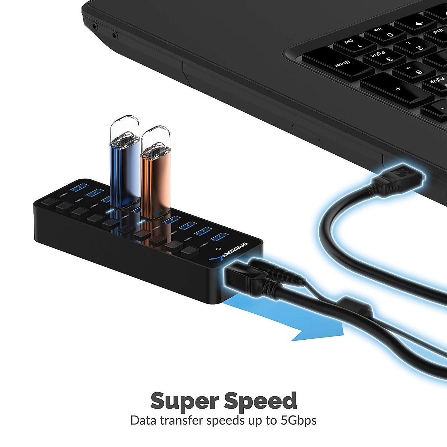 SABRENT 10-Port USB 3.0 Hub, Individual Power Switches and LEDs, 3 Smart Charging Ports, 60W Power Adapter, for PC, Mac, Xbox, PS5, Laptop, Desktop, USB Devices (HB-B7C3)