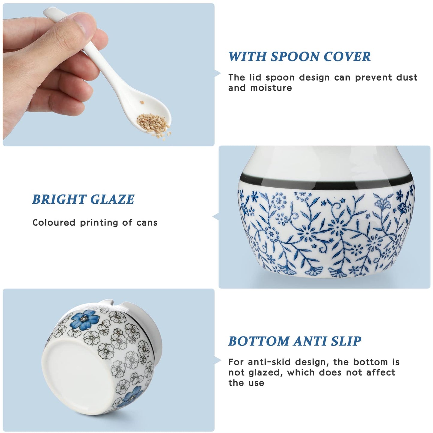 Evannt Ceramic Salt Cellar with Lid and Spoon, Salt and Pepper Bowls Set of 2 Porcelain Condiment Jars Spice Container Salt Spice Seasoning Box (Pattern 1#)