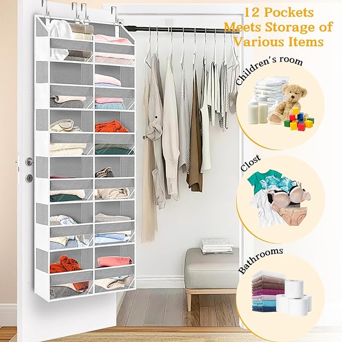 Over The Door Organizer 6 Tiers, Extra Large Behind Door Storage of 12
