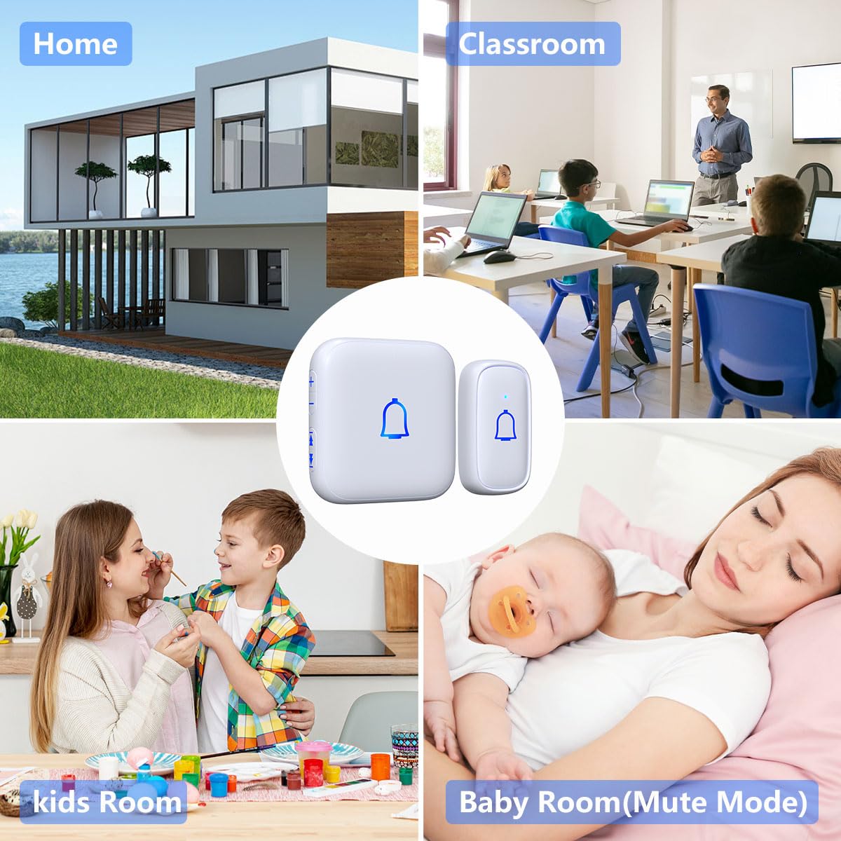 Classroom Doorbell Wireless Doorbell IP66 Waterproof 1000Ft 66 Chimes Mute Mode 115dB 7-Level Vol Loud Electric Door Bells for Home Office Classroom Kids Room Teachers & Hearing-Impaired
