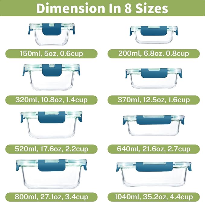 HOMBERKING 8 Pack Glass Food Storage Containers